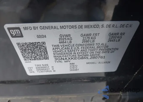 2024 Chevrolet Equinox Fwd Lt из США, поврежденный, VIN 3GNAXKEG8RL280761